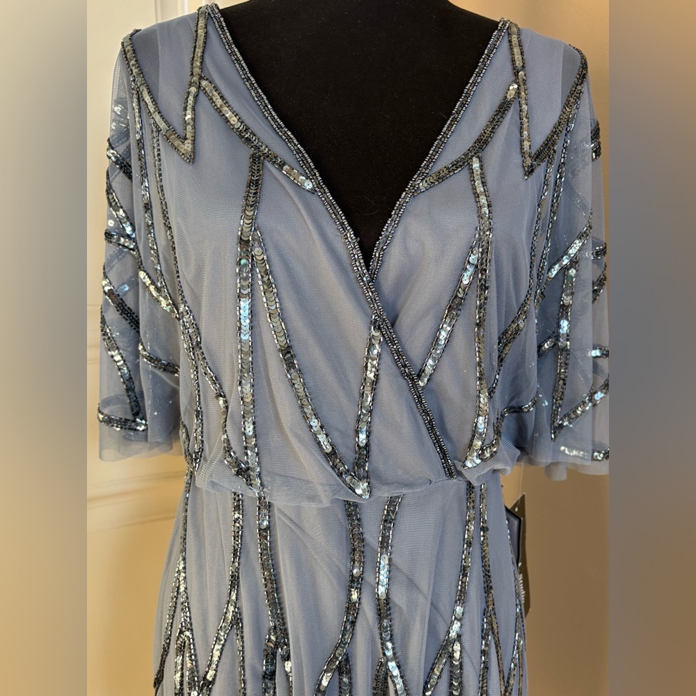 Embellish Bead Mesh Wrap Dress Adrianna Papell Dusty Blue Women’s Size 10 NWT - Picture 10 of 16